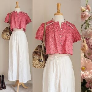 R E W O R K E D Vintage :: Calico Floral Lace Trim 70s VTG Button Front Blouse